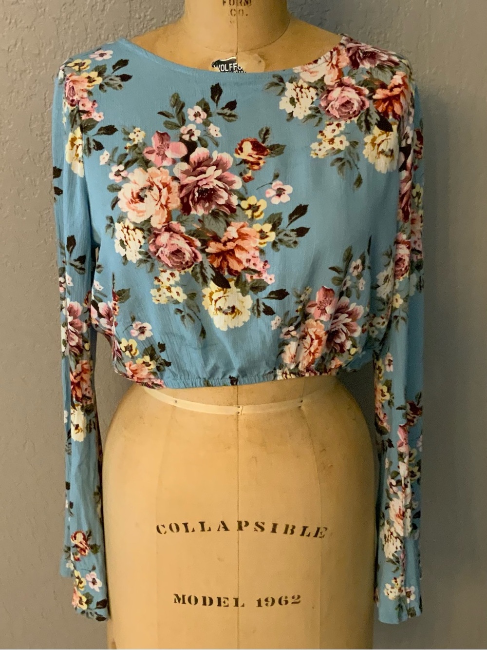 Polly & Esther Blue Floral Long-Sleeve Crop Top, Y2K Coquette Medium